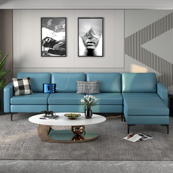 Modular L-shaped Sectional Sofa with Reversible Ottoman and 2 USB Ports-Blue