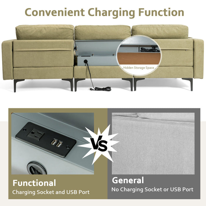 Modular L-shaped Sectional Sofa with Reversible Chaise and 2 USB Ports-Green