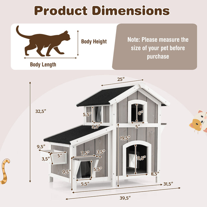 2-Story Outdoor Wooden Feral Cat House with Escape Door-Grey