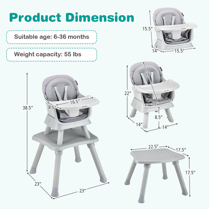 6-in-1 Convertible Baby High Chair with Adjustable Removable Tray-Gray