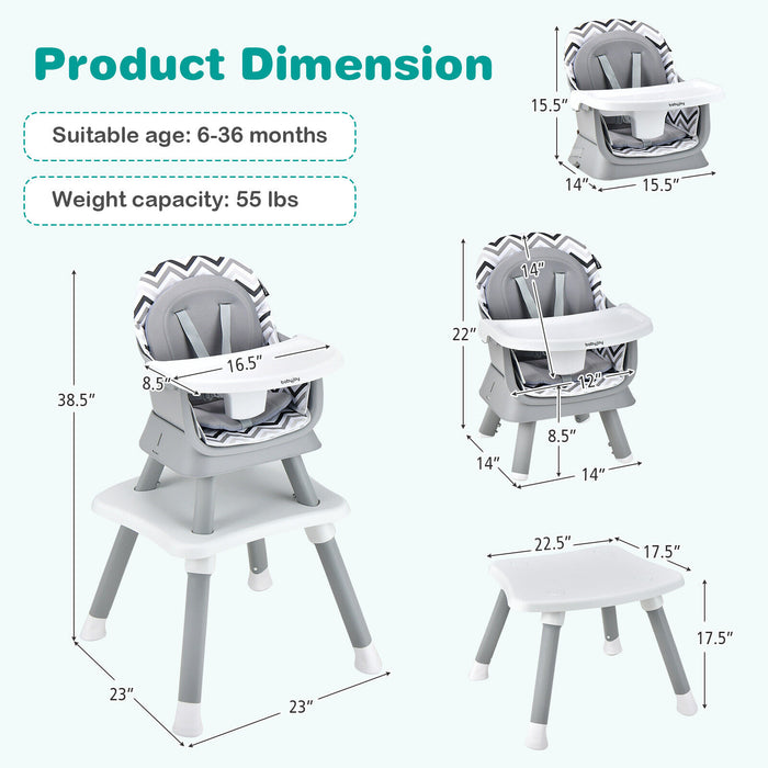 6-in-1 Convertible Baby High Chair with Adjustable Removable Tray-Gray & White