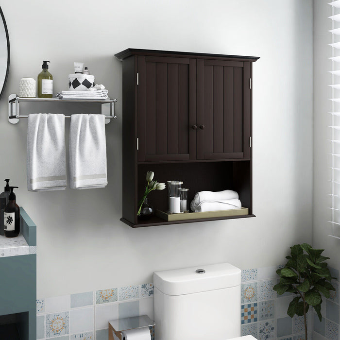 2-Door Wall Mount Bathroom Storage Cabinet with Open Shelf-Espresso