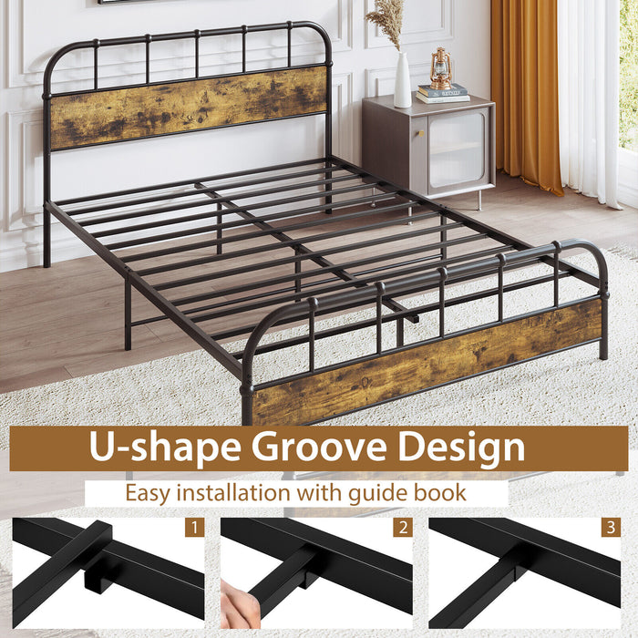 Queen Size Industrial Metal Platform Bed Frame Headboard Mattress Foundation