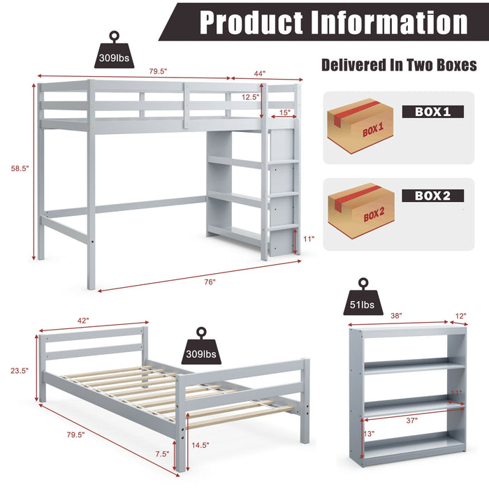 Twin Over Twin Loft Bunk Bed with Bookcase-Gray