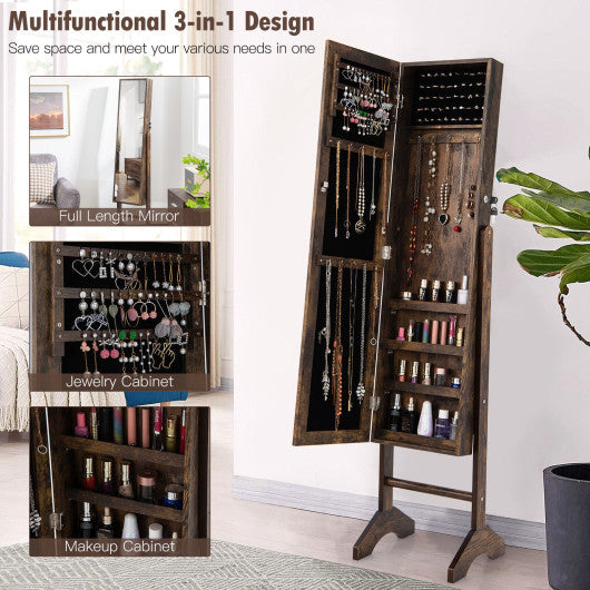 Free-Standing Jewelry Cabinet with Full-Length Mirror and Lockable Door-Brown