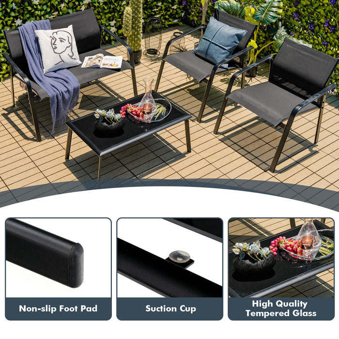 4 Pieces Patio Furniture Set with Armrest Loveseat Sofas and Glass Table Deck-Black