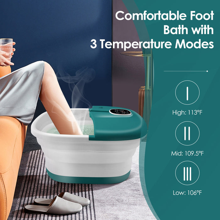 Folding Foot Spa Basin with Heat Bubble Roller Massage Temp and Time Set-Turquoise