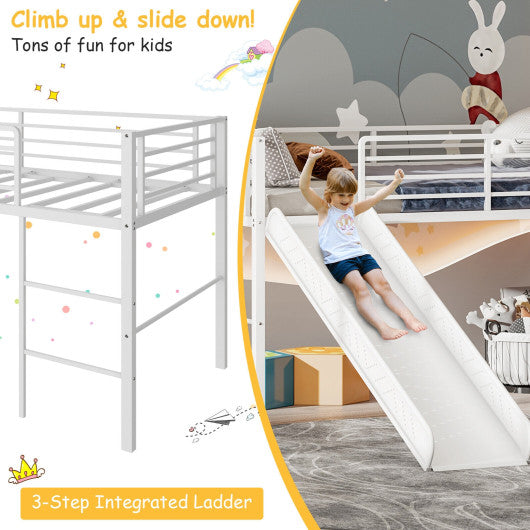 Twin Metal Loft Bed with Slide Safety Guardrails and Built-in Ladder-White