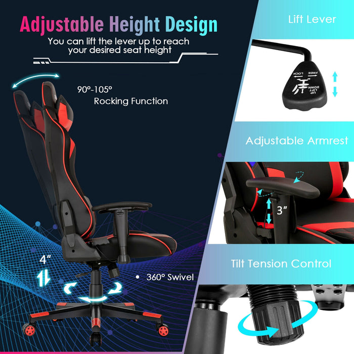 Gaming Chair Adjustable Swivel Computer Chair with Dynamic LED Lights-Red