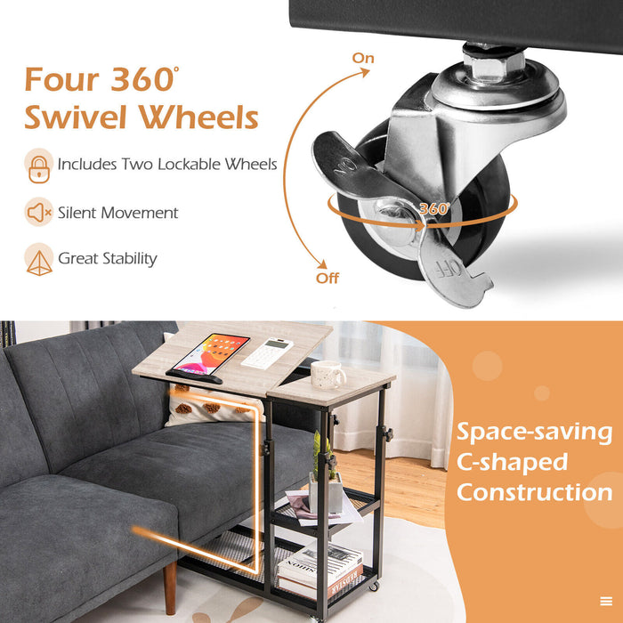 Adjustable C-Shaped Bedside Table with Wheels-Natural