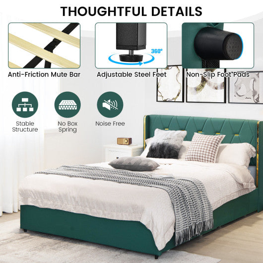 Full/Queen Size Upholstered Bed Frame with 4 Drawers-Green-Queen Size