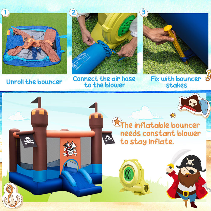 Pirate-Themed Inflatable Bounce Castle with Large Jumping Area and 735W Blower