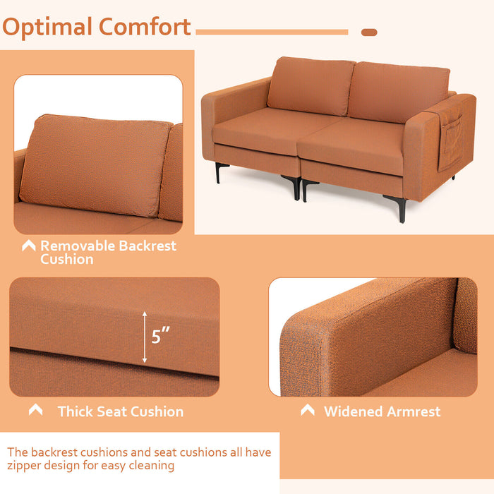 Modern Loveseat Sofa Couch with Side Storage Pocket and Sponged Padded Seat Cushions-Orange