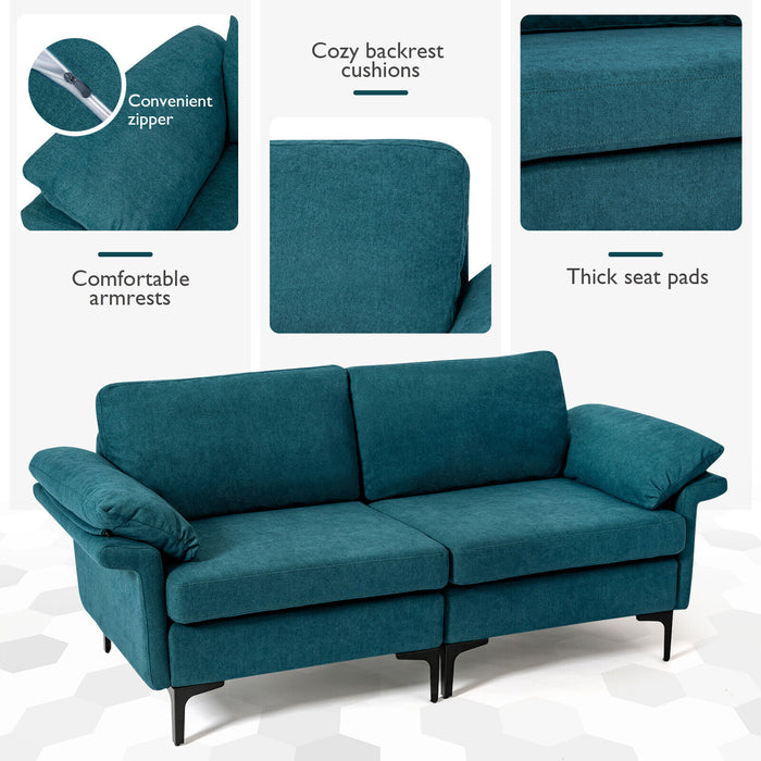 Modern Fabric Loveseat Sofa for with Metal Legs and Armrest Pillows-Peacock Blue