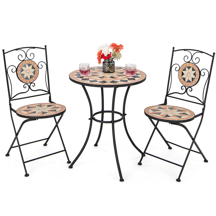 3 Pieces Patio Bistro Set with 1 Round Mosaic Table and 2 Folding Chairs