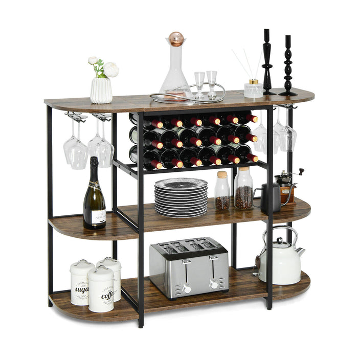 47 Inches Wine Rack Table with Glass Holder and Storage Shelves-Rustic Brown