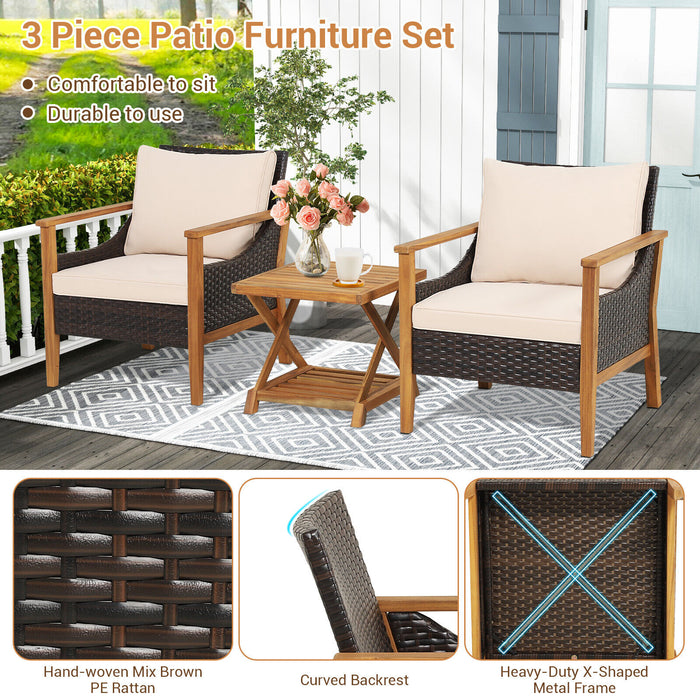 3 Pieces Patio Wicker Furniture Set with 2-Tier Side Table and Cushioned Armchairs-Natural