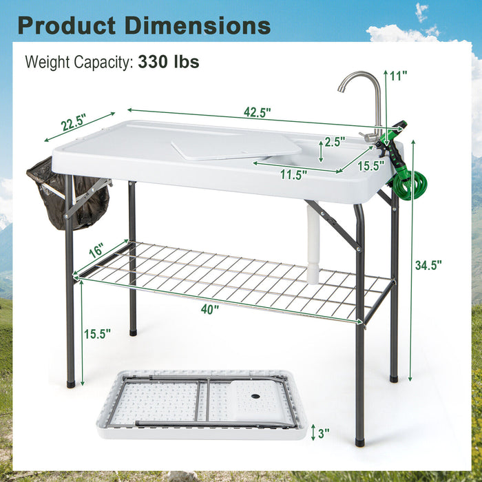 Portable Camping Fish Cleaning Table with Grid Rack and Faucet