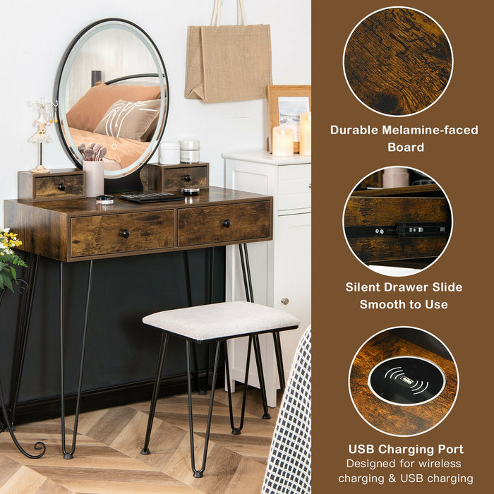 Vanity Table Set with 3-Color Lighted Dimmable Mirror-Brown