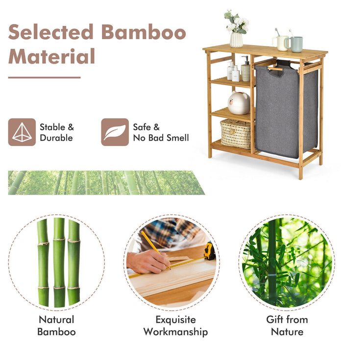 Bamboo Laundry Hamper Stand with Removable Sliding Bag and 3-Tier Open Shelves