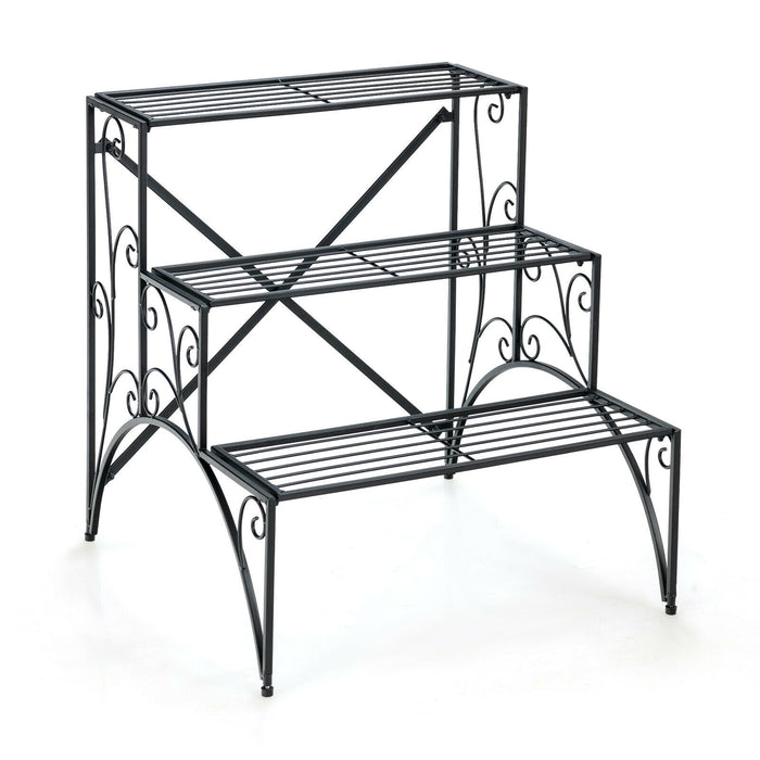 3-Tier Metal Plant Stand with Widened Grid Shelf for Porch Garden-Black