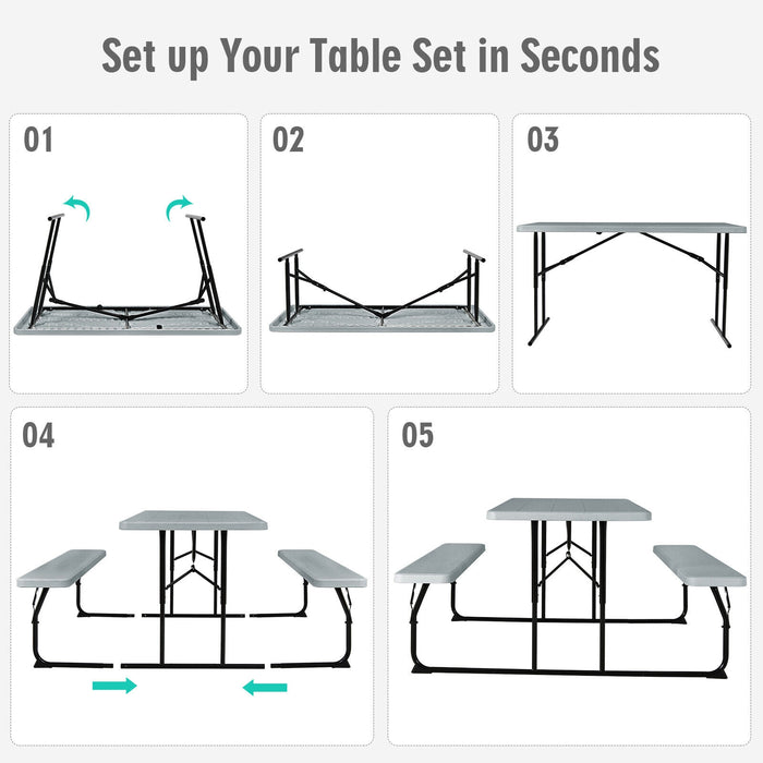 Indoor and Outdoor Folding Picnic Table Bench Set with Wood-like Texture-Gray