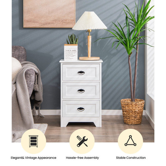 3 Drawers End Storage Wood Side Nightstand-White