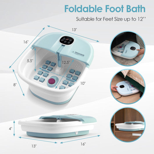 Folding Foot Spa Basin with Heat Bubble Roller Massage Temp and Time Set-Light Blue