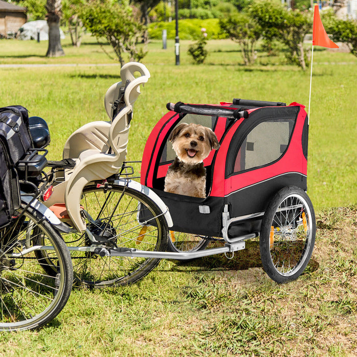 Dog Bike Trailer Foldable Pet Cart with 3 Entrances for Travel-Red