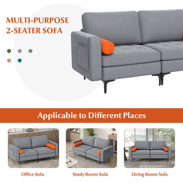 Modern Loveseat Sofa with 2 Bolsters and Side Storage Pocket-Gray