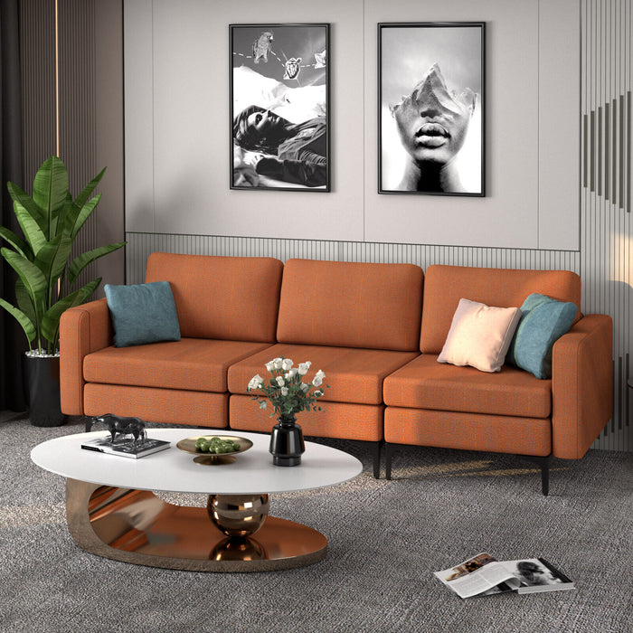 3-Seat Sectional Sofa Couch with Armrest Magazine Pocket and Metal Leg-Orange