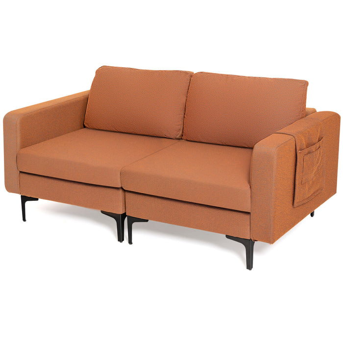 Modern Loveseat Sofa Couch with Side Storage Pocket and Sponged Padded Seat Cushions-Orange