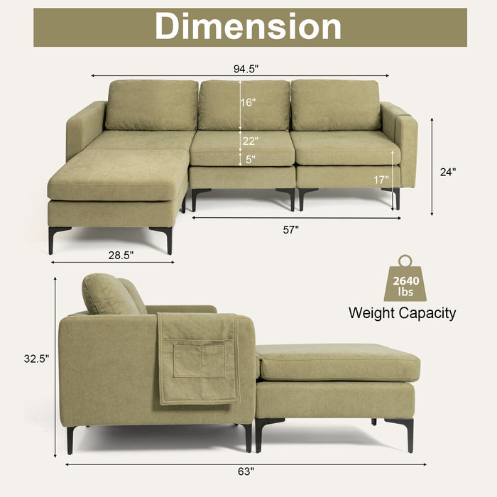 Modular L-shaped Sectional Sofa with Reversible Chaise and 2 USB Ports-Green