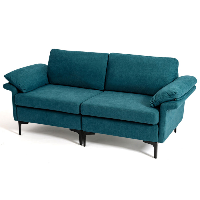 Modern Fabric Loveseat Sofa for with Metal Legs and Armrest Pillows-Peacock Blue