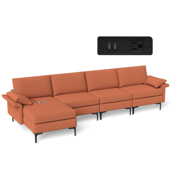 Extra Large L-shaped Sectional Sofa with Reversible Chaise and 2 USB Ports for 4-5 People-Rust Red