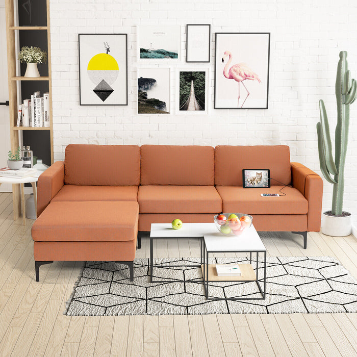 Modular L-shaped Sectional Sofa with Reversible Chaise and 2 USB Ports-Orange