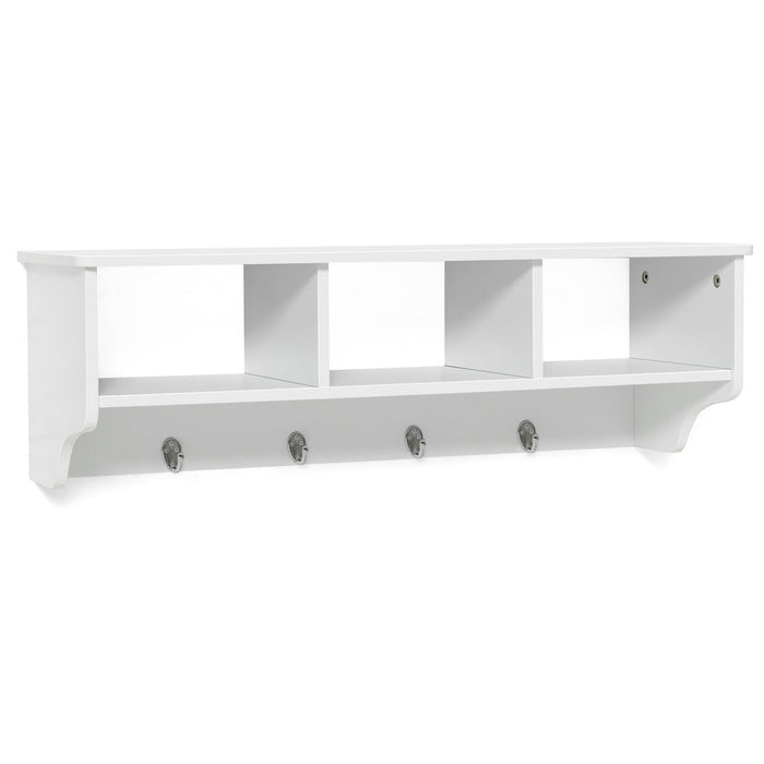 Wall Mount Cubby Organizer Hooks Entryway Storage Shelf-White