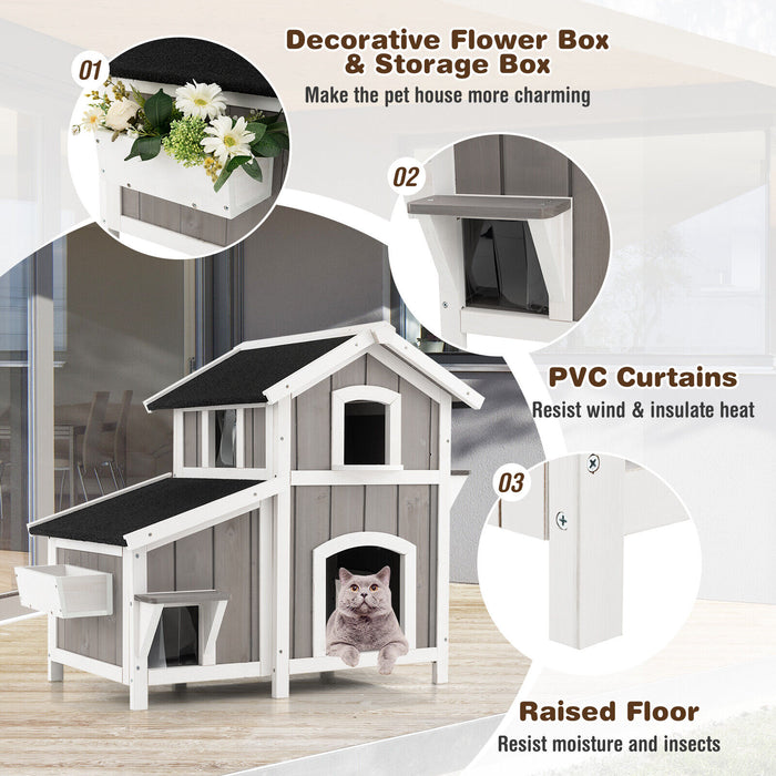 2-Story Outdoor Wooden Feral Cat House with Escape Door-Grey