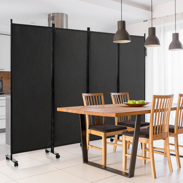 4-Panel Folding Room Divider 6 Feet Rolling Privacy Screen with Lockable Wheels-Black