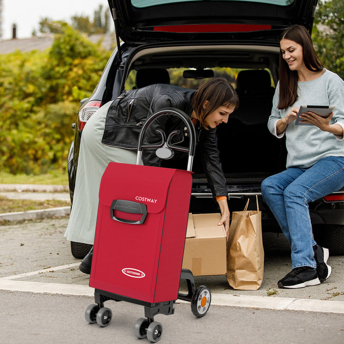 Folding Shopping Cart Utility Hand Truck with Rolling Swivel Wheels-Red