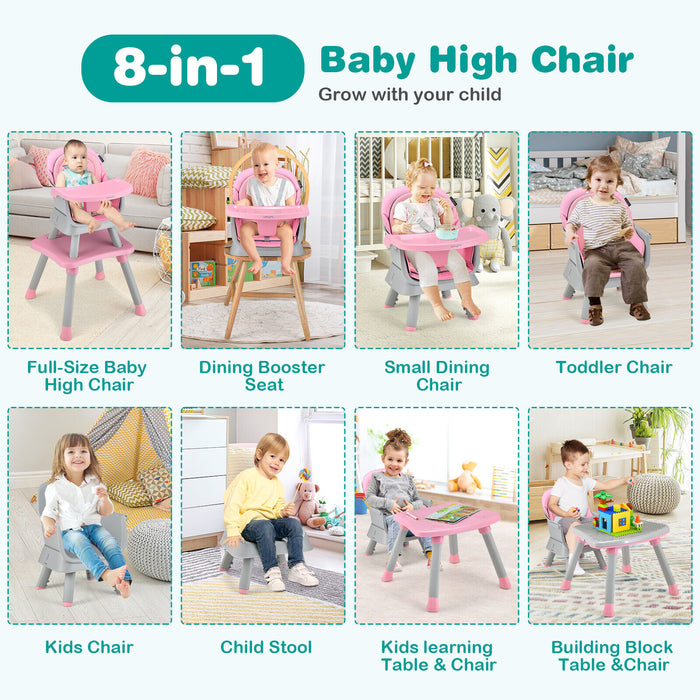 6-in-1 Convertible Baby High Chair with Adjustable Removable Tray-Pink