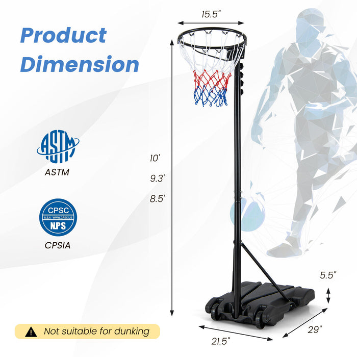 8.5 to 10 FT Adjustable Portable Basketball Hoop Stand with Fillable Base and 2 Wheels