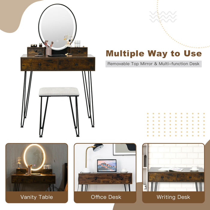 Vanity Table Set with 3-Color Lighted Dimmable Mirror-Brown