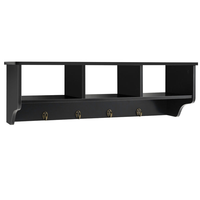 Wall Mount Cubby Organizer Hooks Entryway Storage Shelf-Black