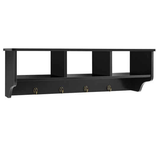 Wall Mount Cubby Organizer Hooks Entryway Storage Shelf-Black