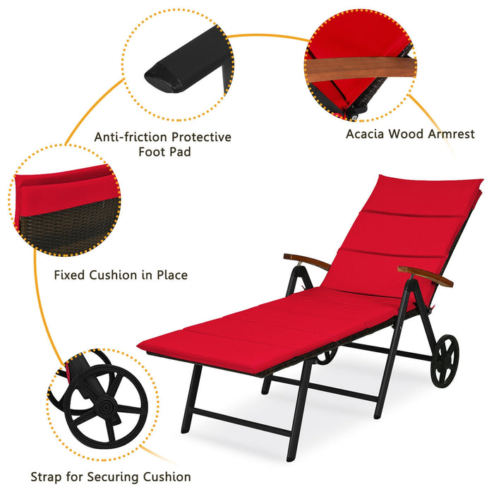 Folding Patio Rattan Lounge Chair with Wheels-Red