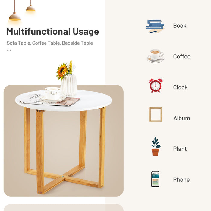 Multifunctional Round Side End Table with Bamboo Legs and X-Shaped Base