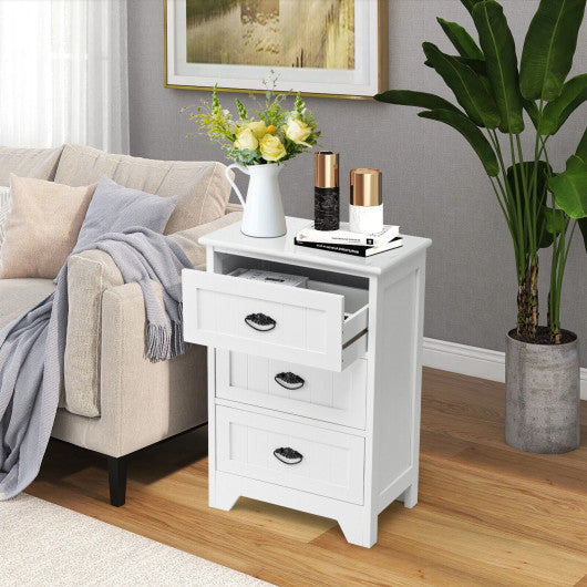 3 Drawers End Storage Wood Side Nightstand-White