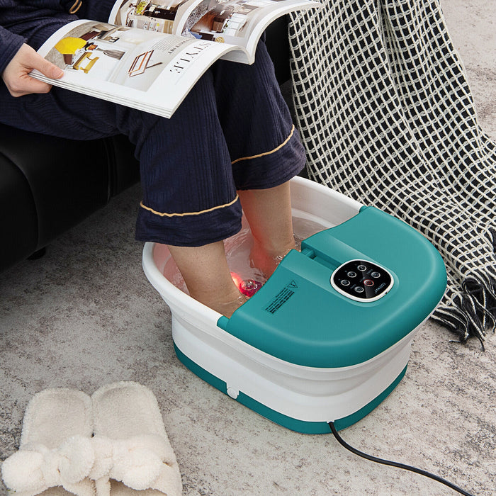 Folding Foot Spa Basin with Heat Bubble Roller Massage Temp and Time Set-Turquoise