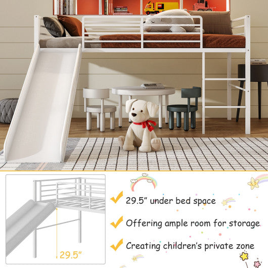 Twin Metal Loft Bed with Slide Safety Guardrails and Built-in Ladder-White